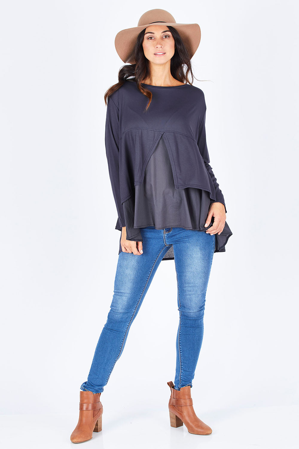Model Gemma wearing size S of the Triangle Detail Long Sleeve Tee in colour Navy (Blue), from the front, showing the whole outfit
