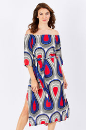 Model Rebecca wearing size 2 of the Hosta Dress in colour NemaBlue (Blue), from the front, cropped image