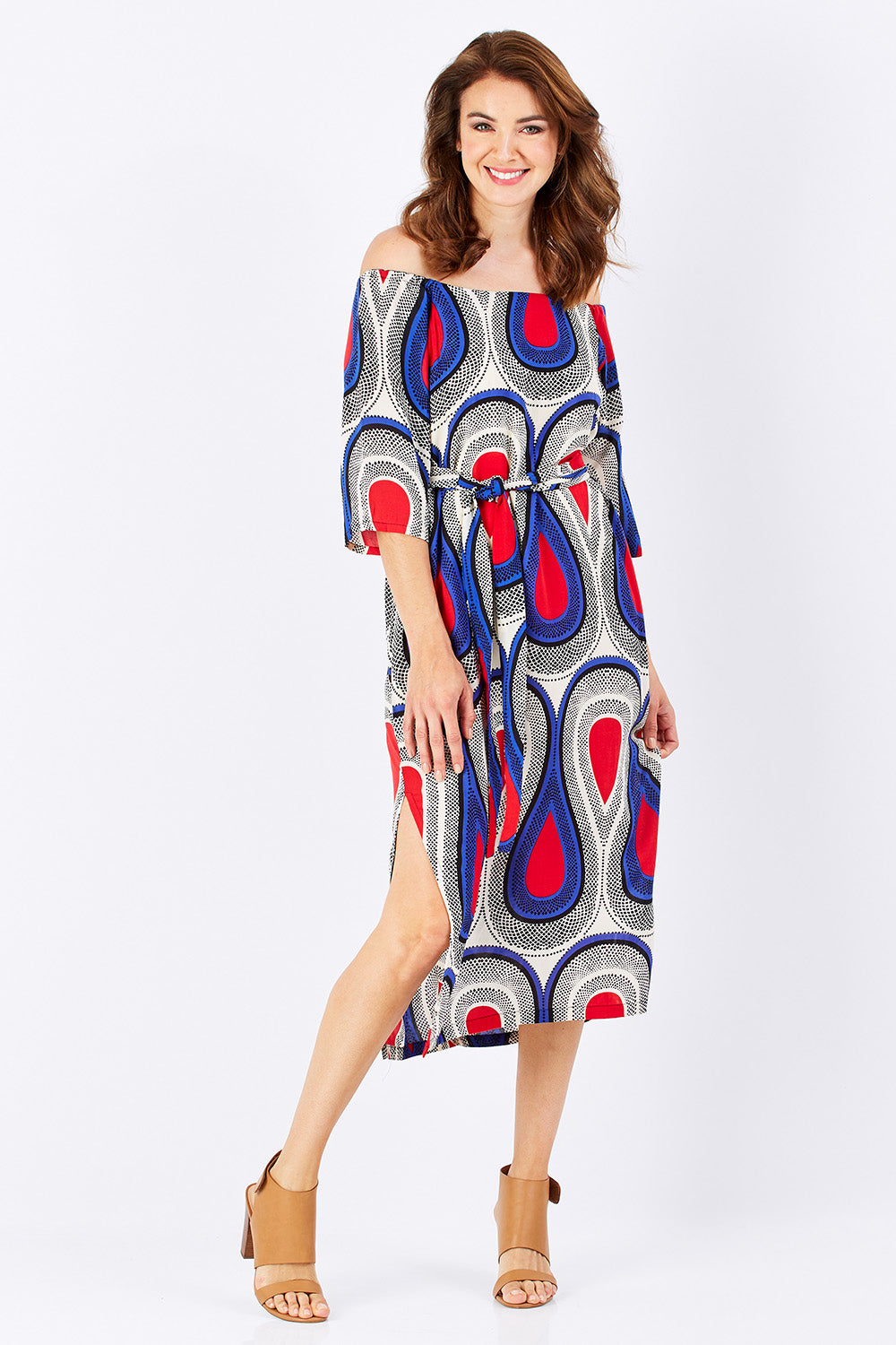 Model Rebecca wearing size 2 of the Hosta Dress in colour NemaBlue (Blue), from the front, showing the whole outfit