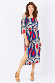 Model Rebecca wearing size 2 of the Hosta Dress in colour NemaBlue (Blue), from the front, showing the whole outfit