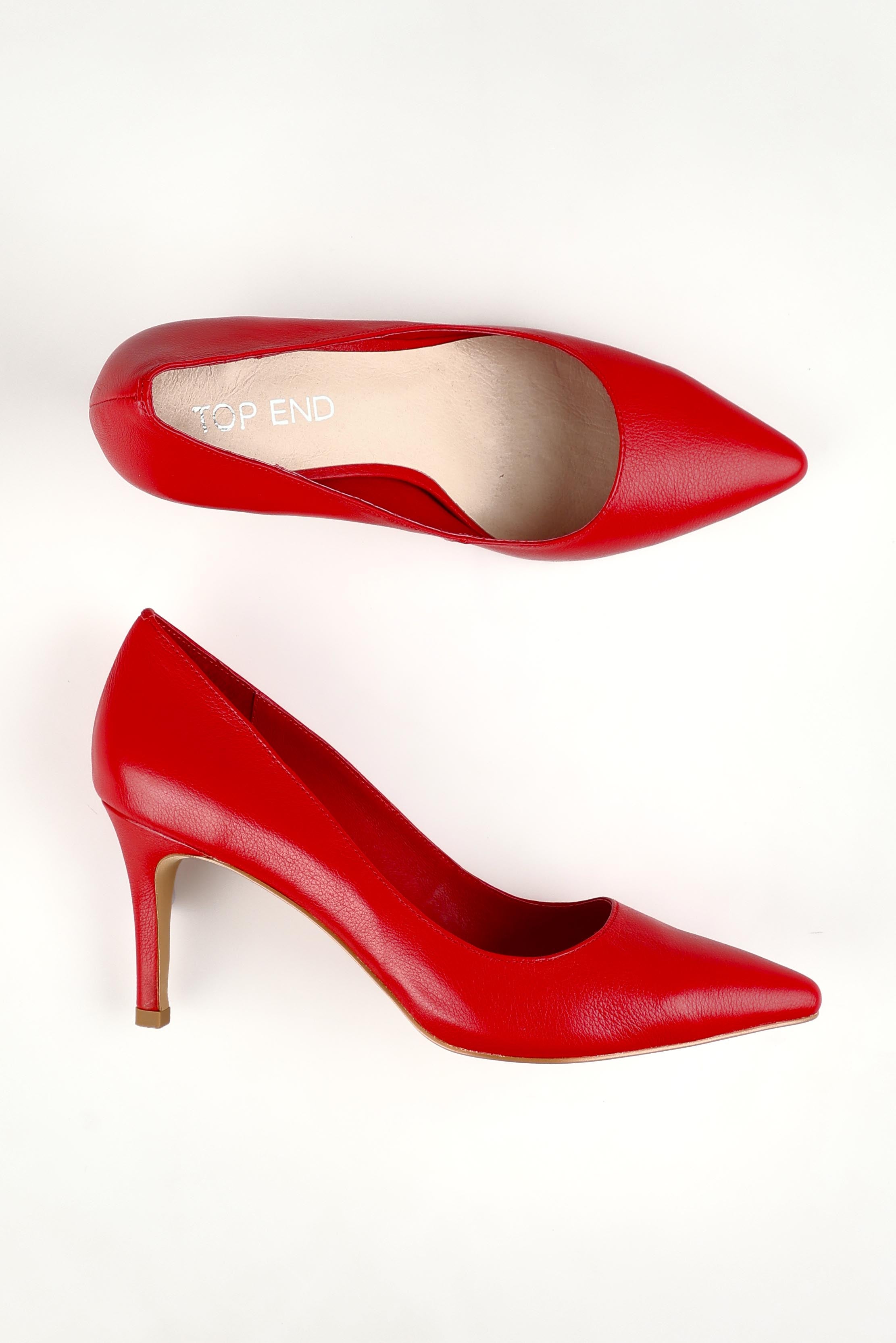 A model wearing size 36 of the Barrios Leather Heel in colour Redleather (Red), from the front, showing the whole outfit