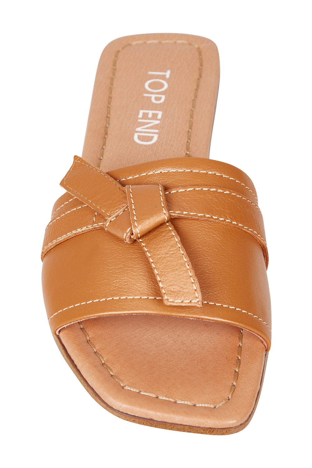 Product shot of the Langela Leather Slide in colour Dktan, detail