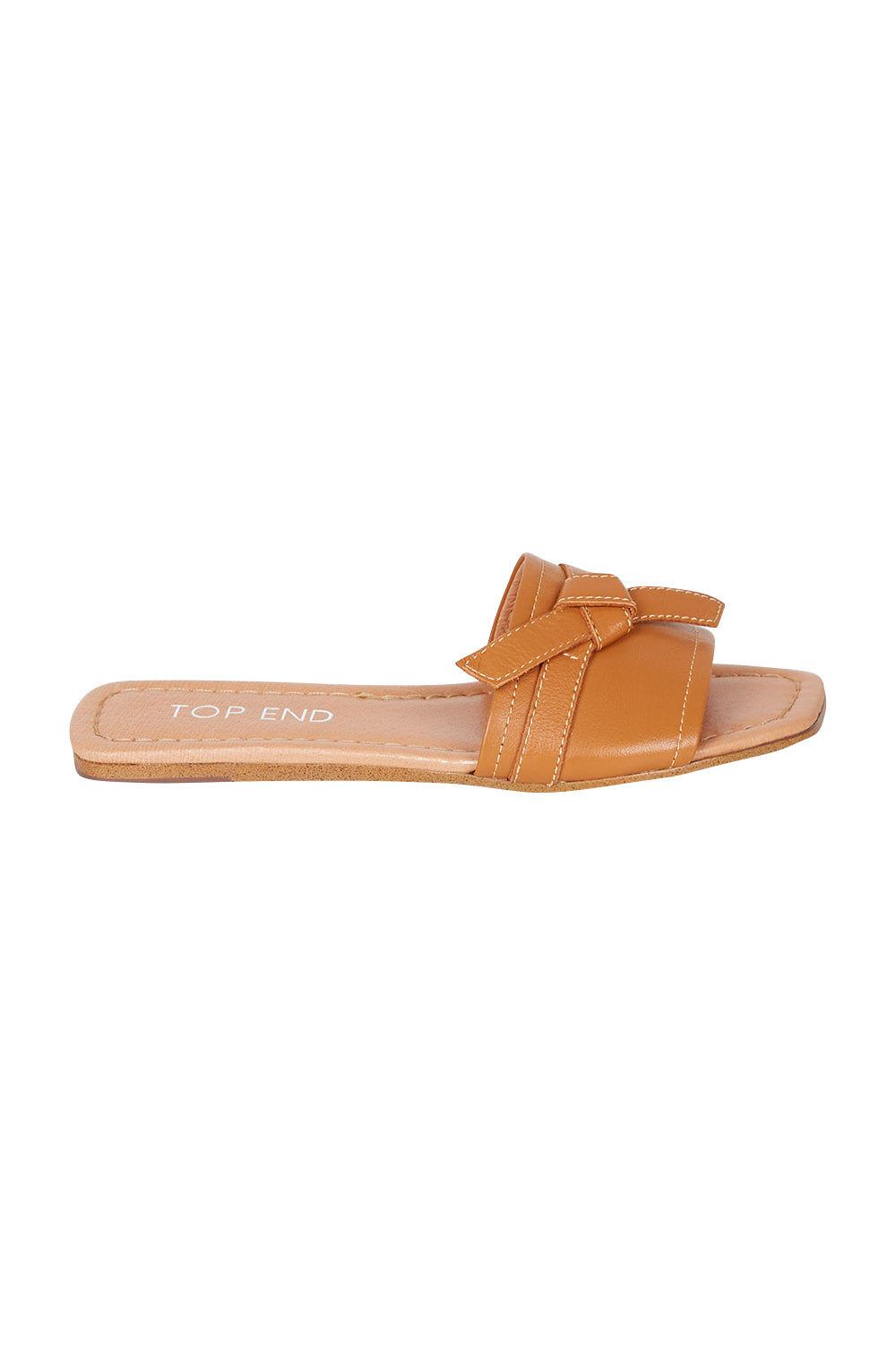 Product shot of the Langela Leather Slide in colour Dktan, from the front