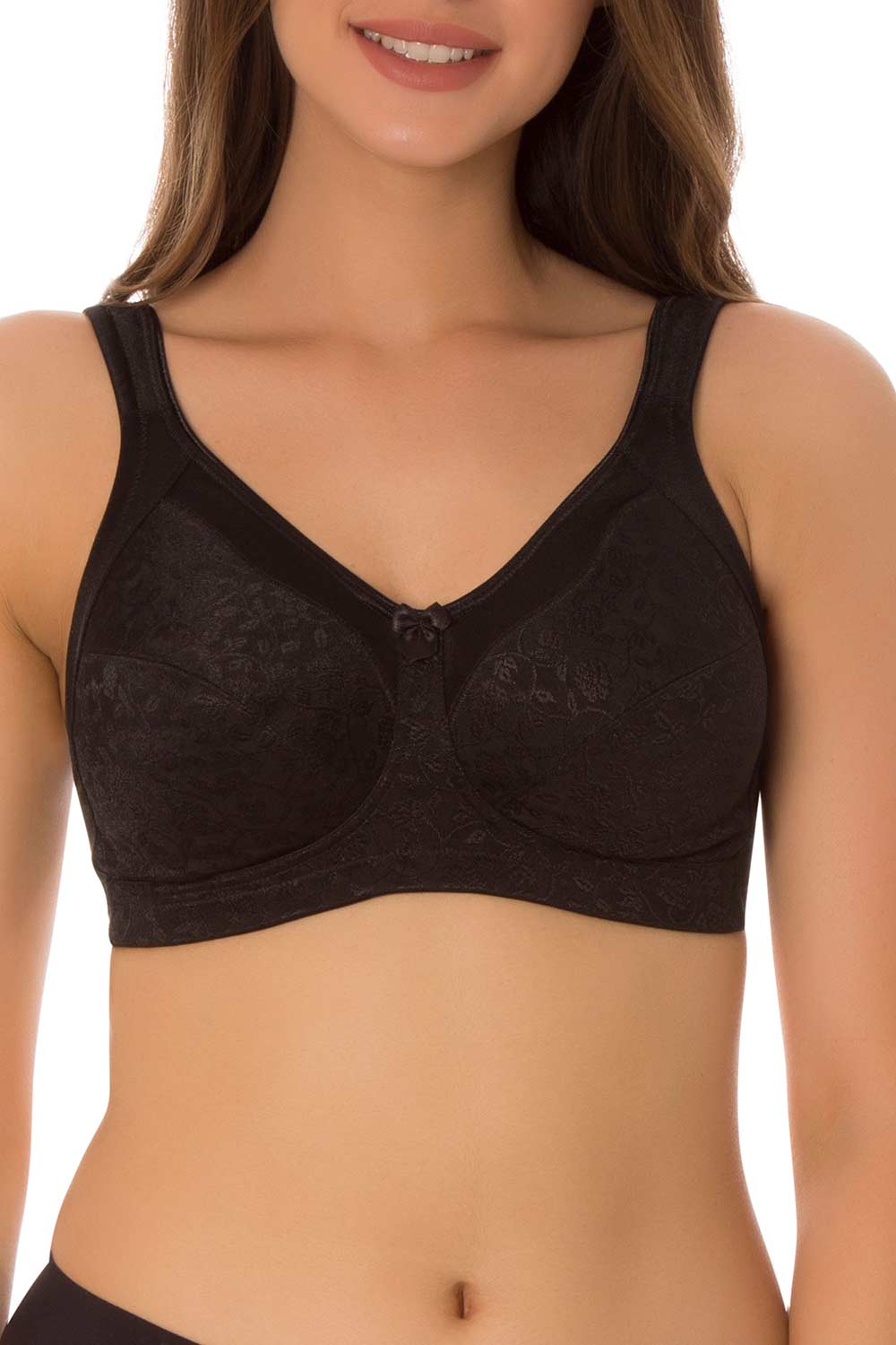 A model wearing the Endless Comfort Wirefree Bra in colour Black (Black), from the front, cropped image