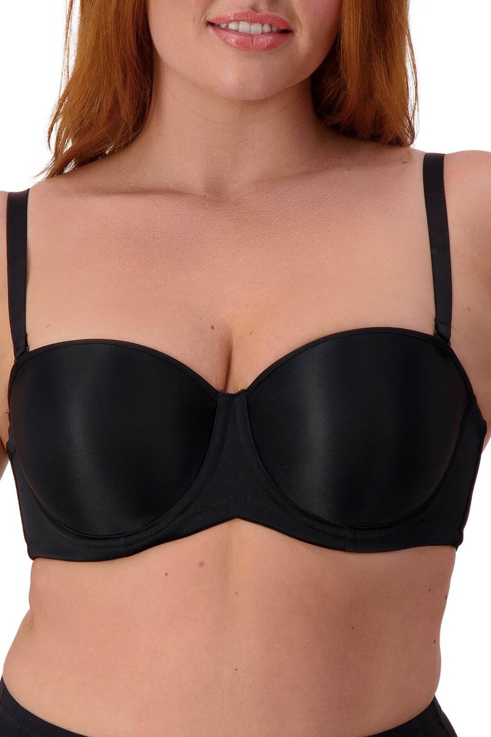 A model wearing the Beautiful Silhouette Bra in colour Black (Black), from the front, cropped image