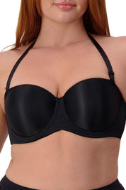 A model wearing the Beautiful Silhouette Bra in colour Black (Black), from the front, cropped image
