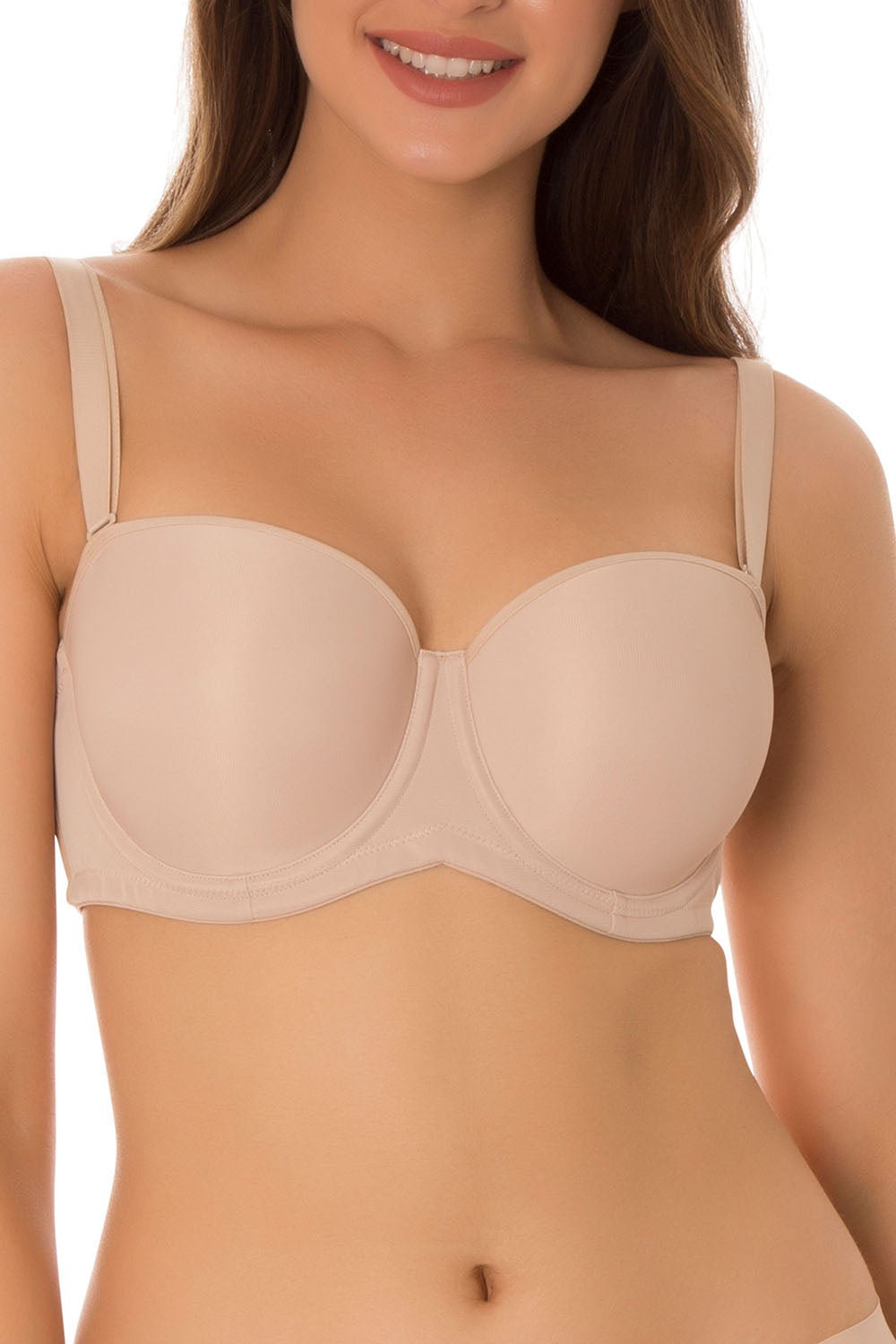 A model wearing the Beautiful Silhouette Bra in colour Teint, from the front, cropped image