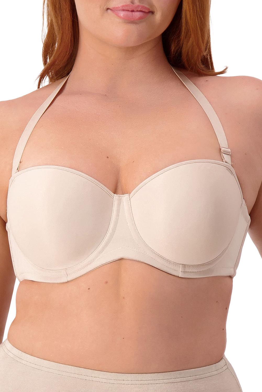 A model wearing the Beautiful Silhouette Bra in colour Teint, from the front, cropped image