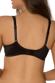 A model wearing the Lacy Minimizer Bra in colour Black (Black), from the back