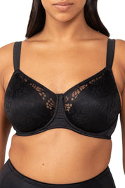 A model wearing the Lacy Minimizer Bra in colour Black (Black), from the front, cropped image