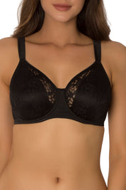 A model wearing the Lacy Minimizer Bra in colour Black (Black), from the front, cropped image