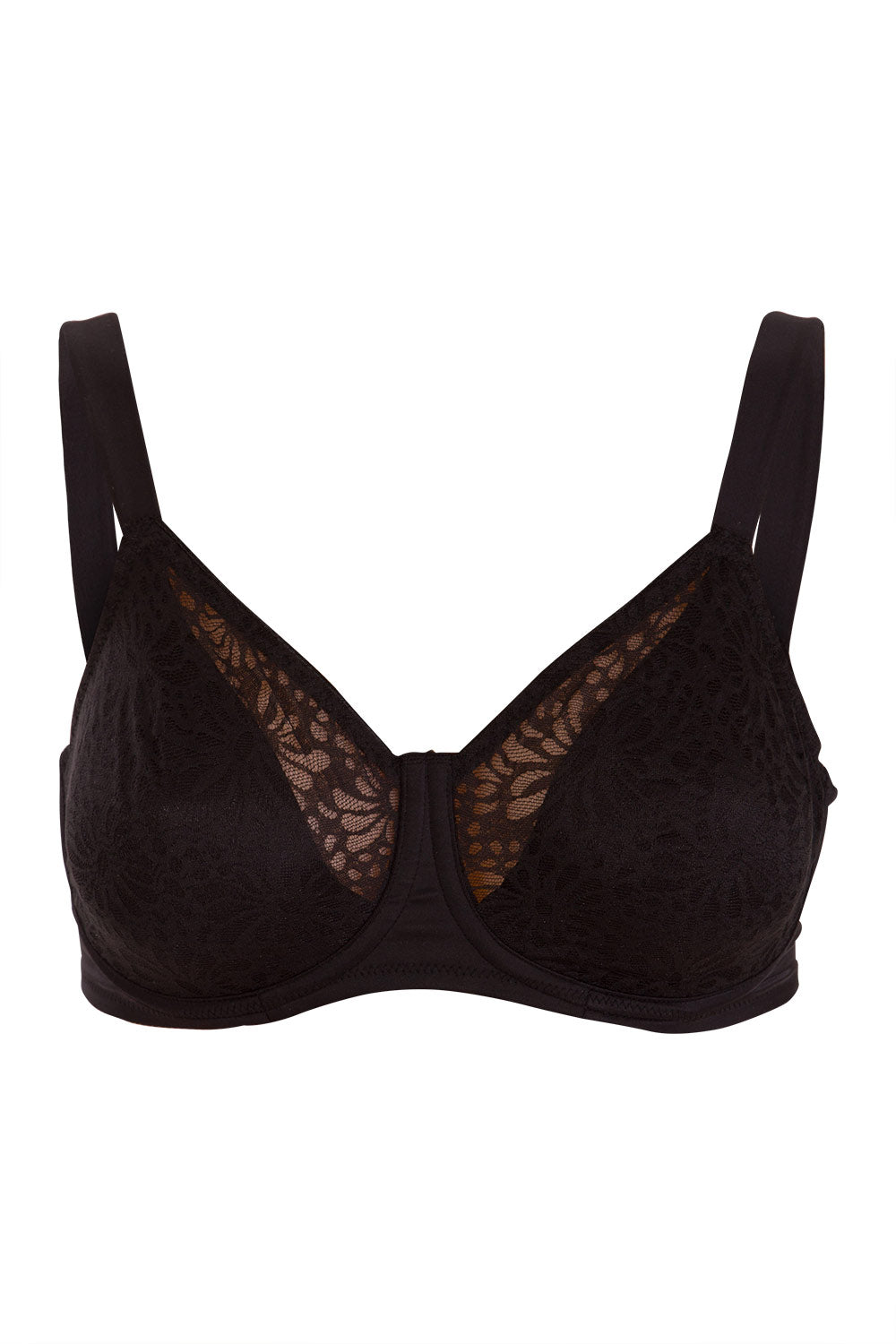 Product shot of the Lacy Minimizer Bra in colour Black (Black), from the front