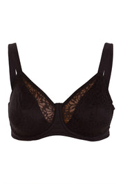 Product shot of the Lacy Minimizer Bra in colour Black (Black), from the front