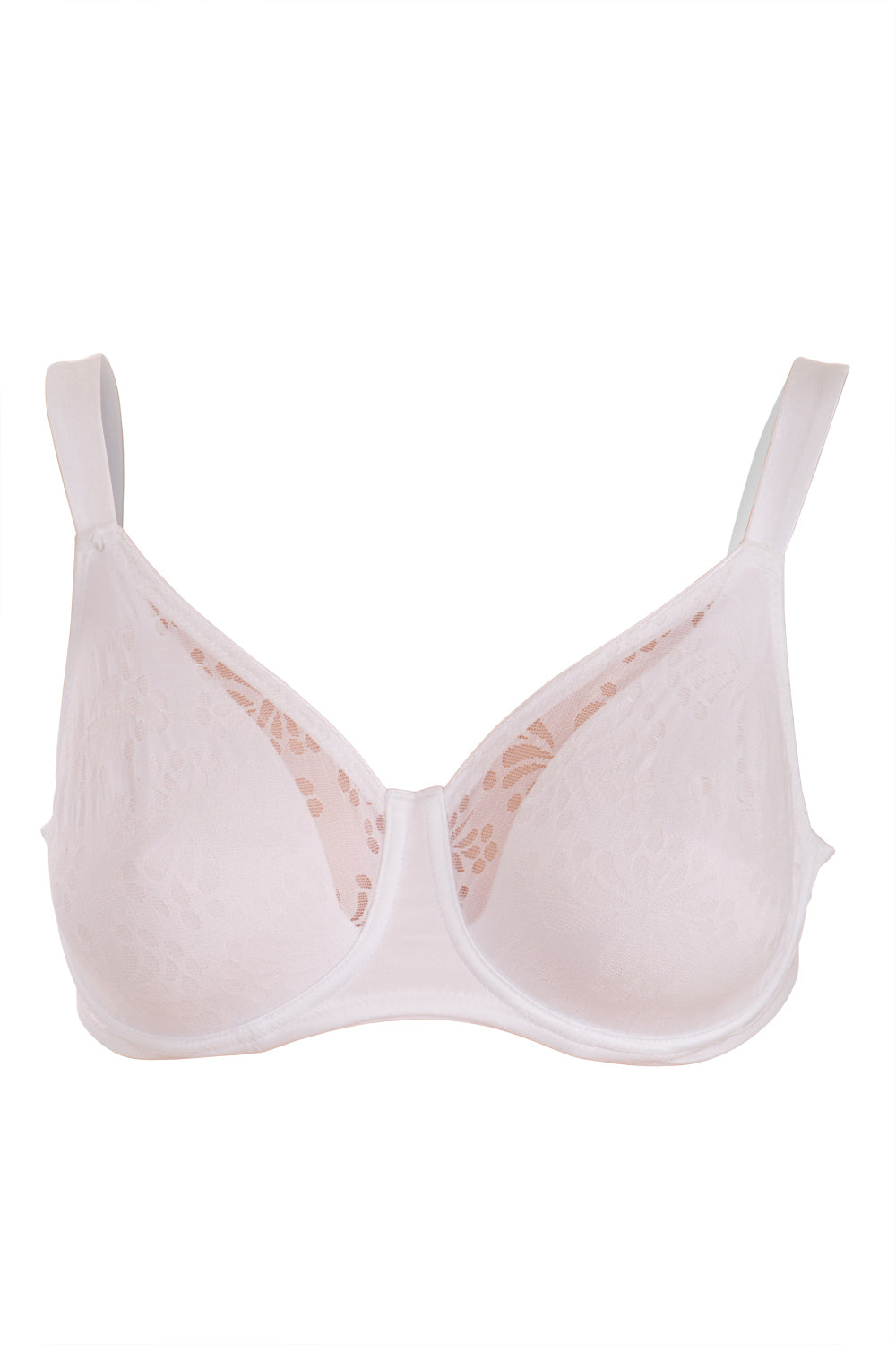 Product shot of the Lacy Minimizer Bra in colour White (White), from the front