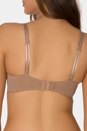 A model wearing the Sheer Minimiser Bra in colour Mocca, from the back
