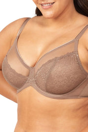 A model wearing the Sheer Minimiser Bra in colour Mocca, from the front, cropped image