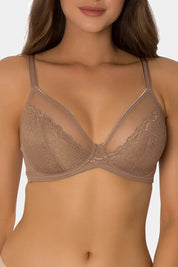 A model wearing the Sheer Minimiser Bra in colour Mocca, from the front, cropped image