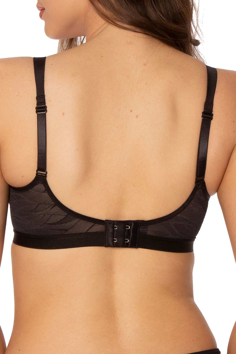 A model wearing the Shape Minimiser Airy Sensation Bra in colour Black (Black), from the back