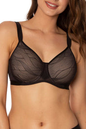 A model wearing the Shape Minimiser Airy Sensation Bra in colour Black (Black), from the front, cropped image