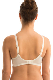 A model wearing the Embroidered Minimizer Bra in colour Fawn, from the back