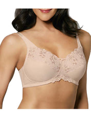 A model wearing the Embroidered Minimizer Bra in colour Fawn, from the front, cropped image