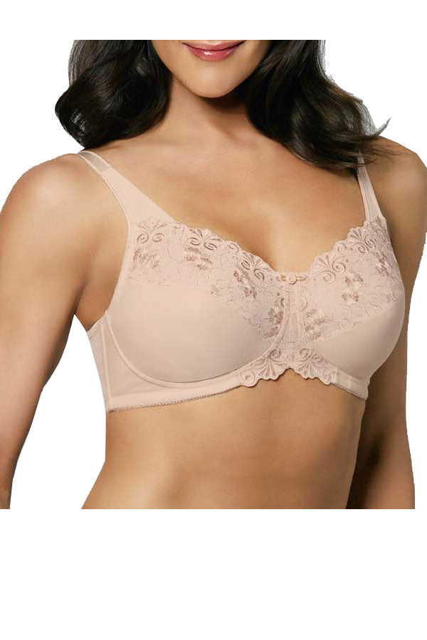 A model wearing the Embroidered Minimizer Bra in colour Fawn, from the front, cropped image