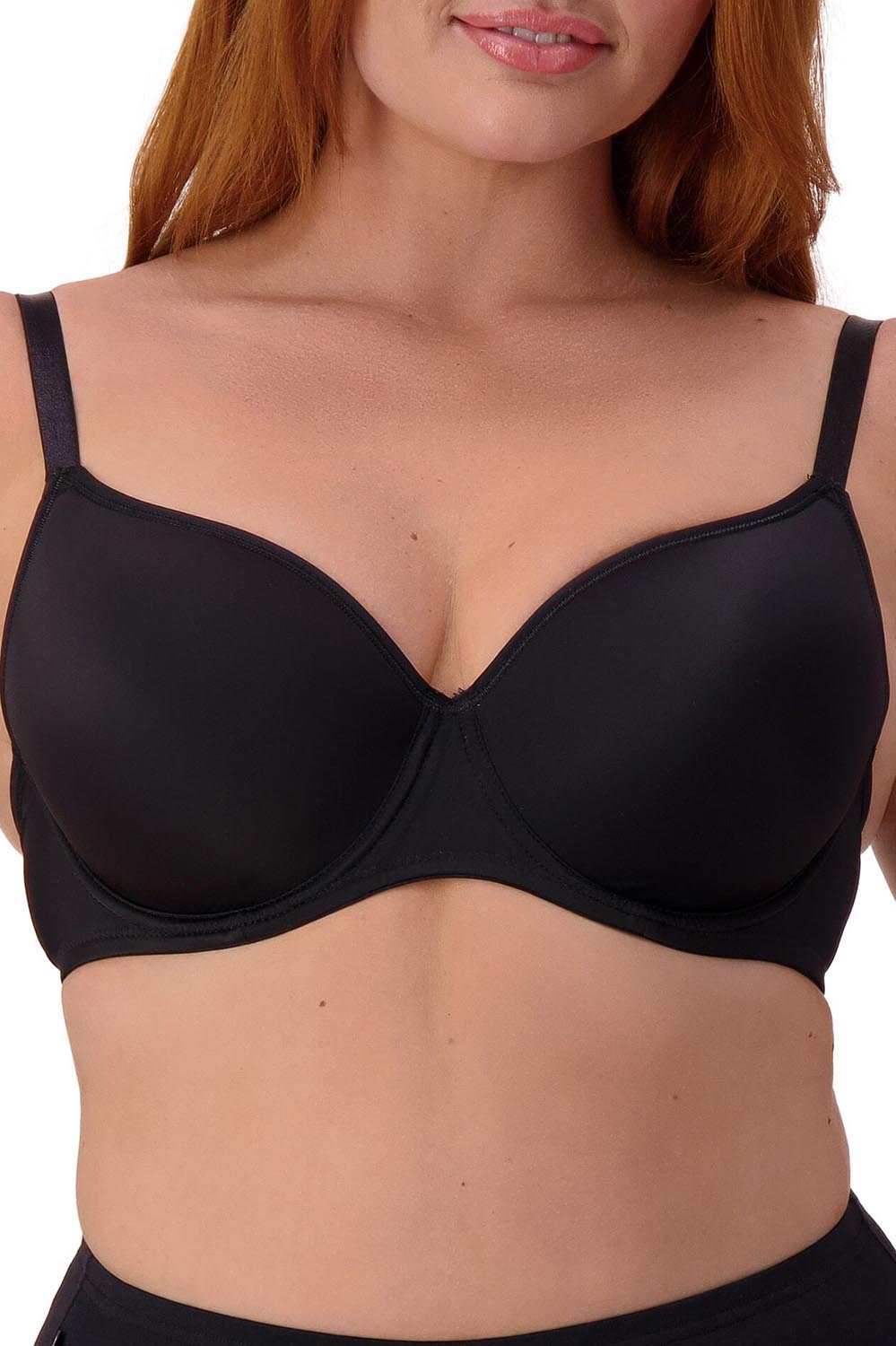 A model wearing the Pure Luxury Gorgeous Bra in colour Black (Black), from the front, cropped image