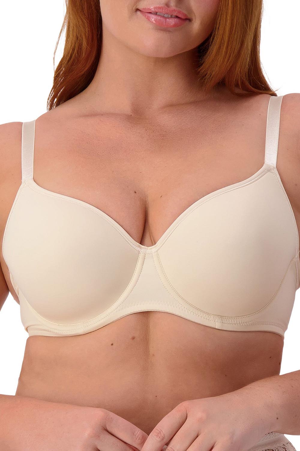 A model wearing the Pure Luxury Gorgeous Bra in colour Teint, from the back