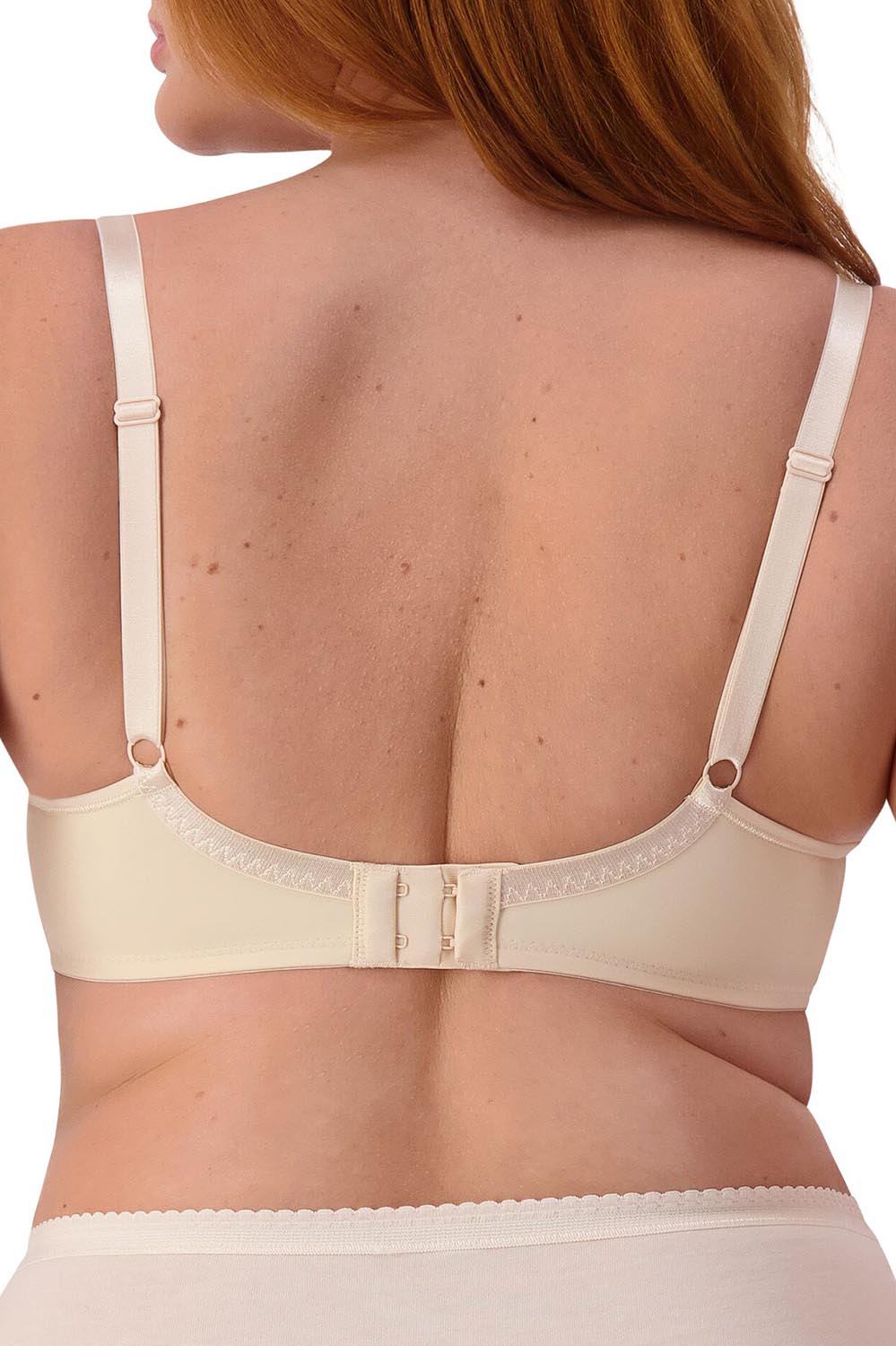 A model wearing the Pure Luxury Gorgeous Bra in colour Teint, from the back
