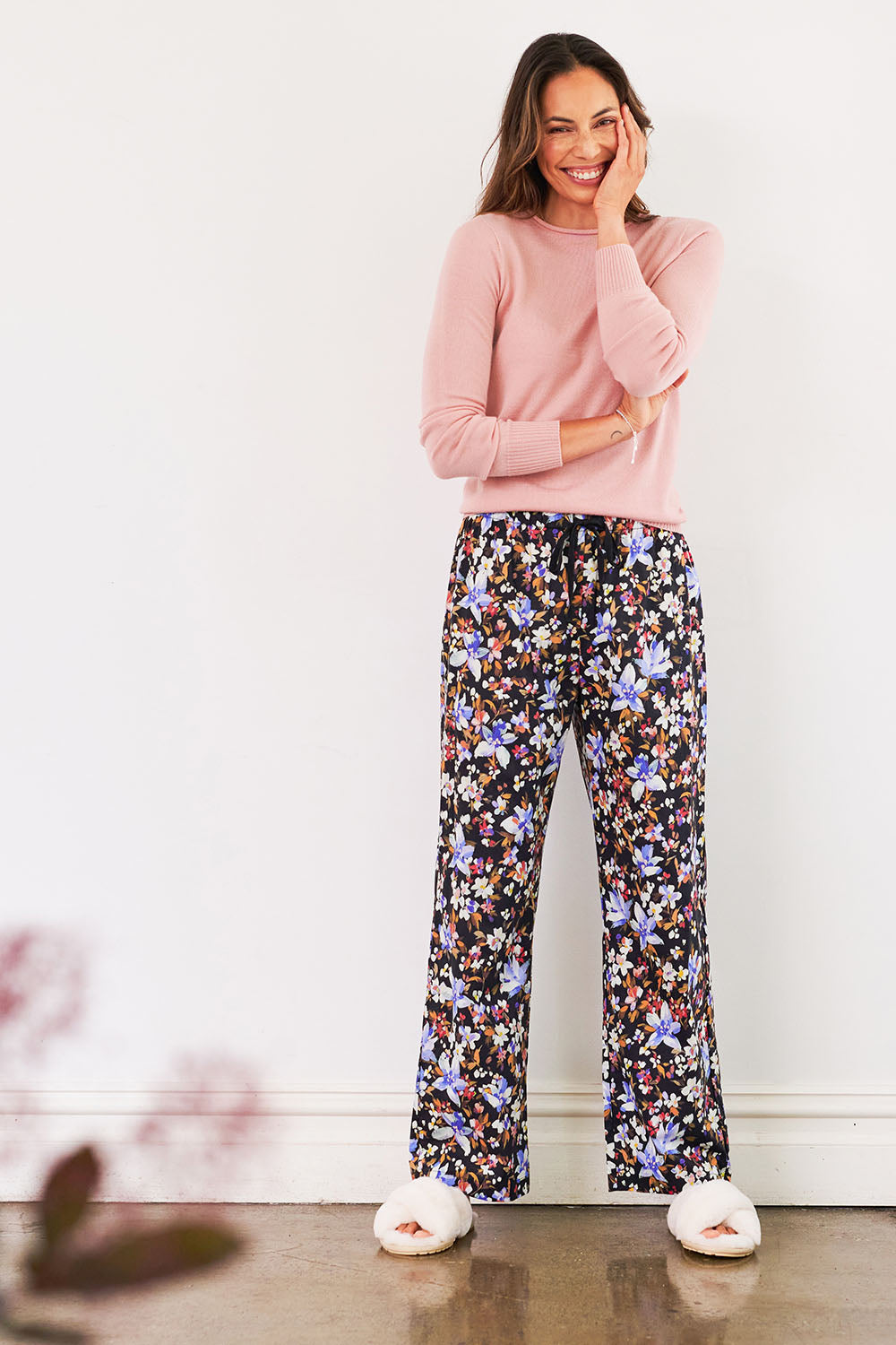 Model Amanda wearing the Winter Solstice Mercerised Cotton PJ Pants in colour Solstice (Black), from the front, showing the whole outfit