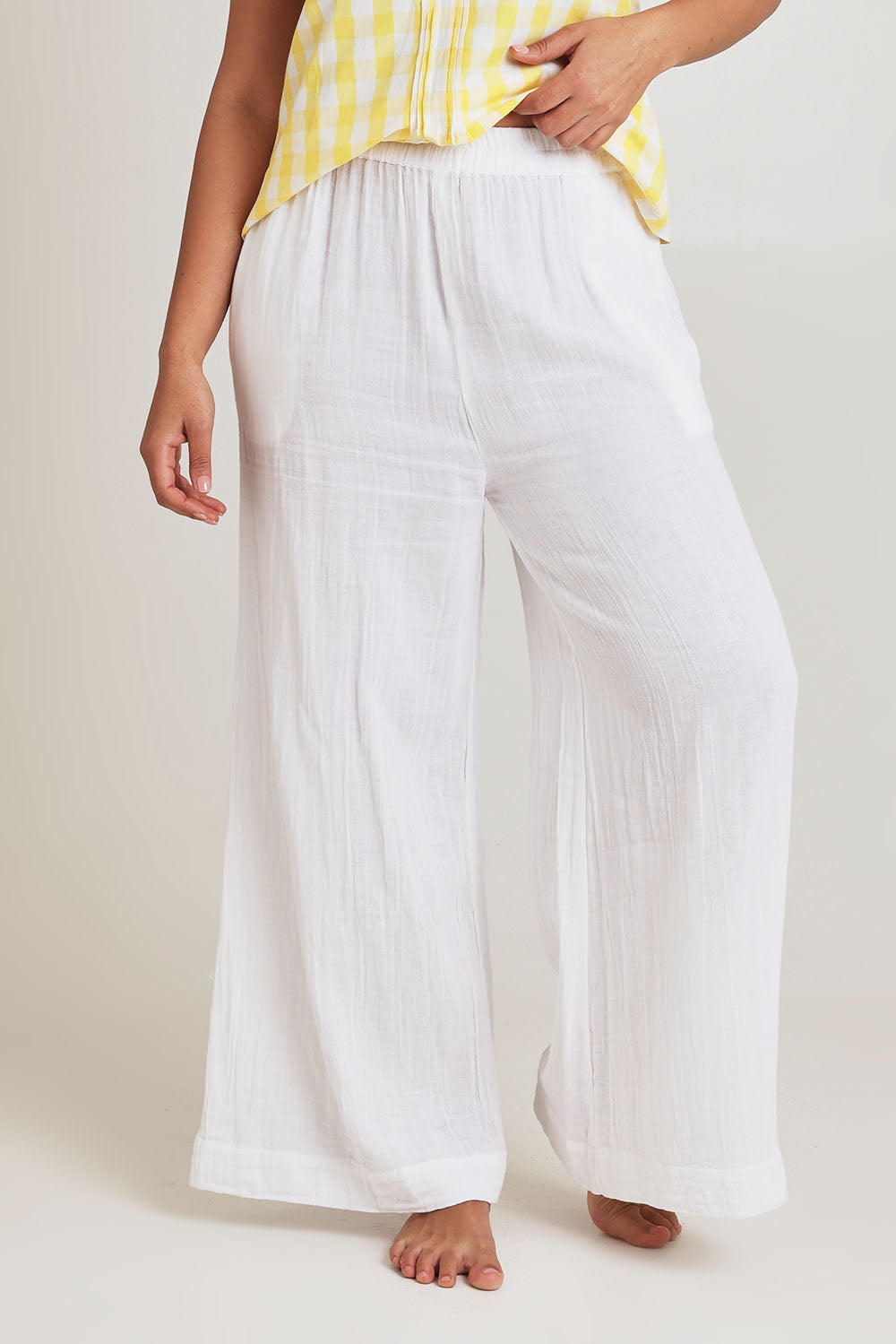 Model Terri-Leigh wearing the Cotton Wide Leg Lounge Pant in colour White (White), from the front, cropped image
