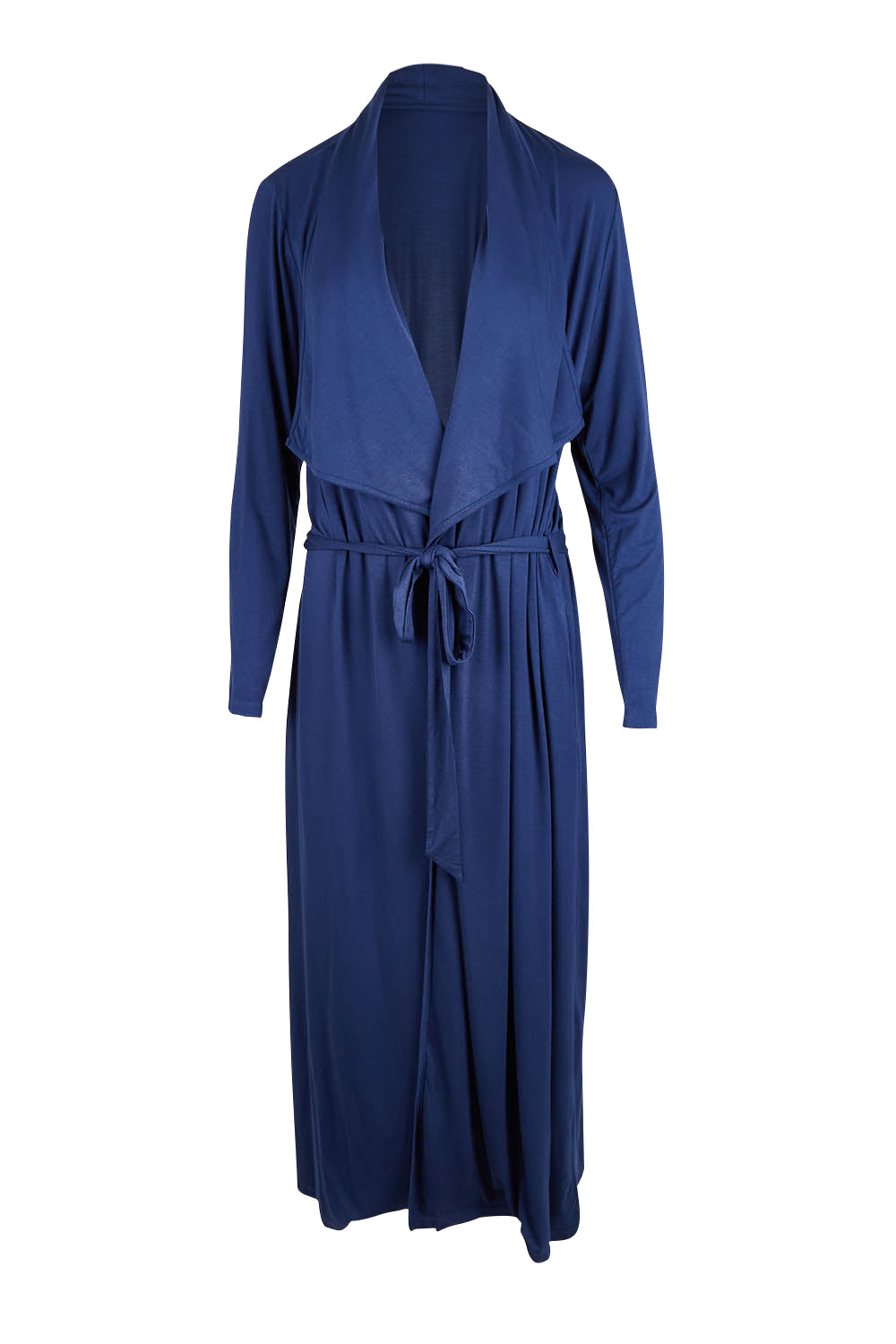 Product shot of the Jersey Wrap Maxi Cardi in colour Denimblue (Blue), from the front