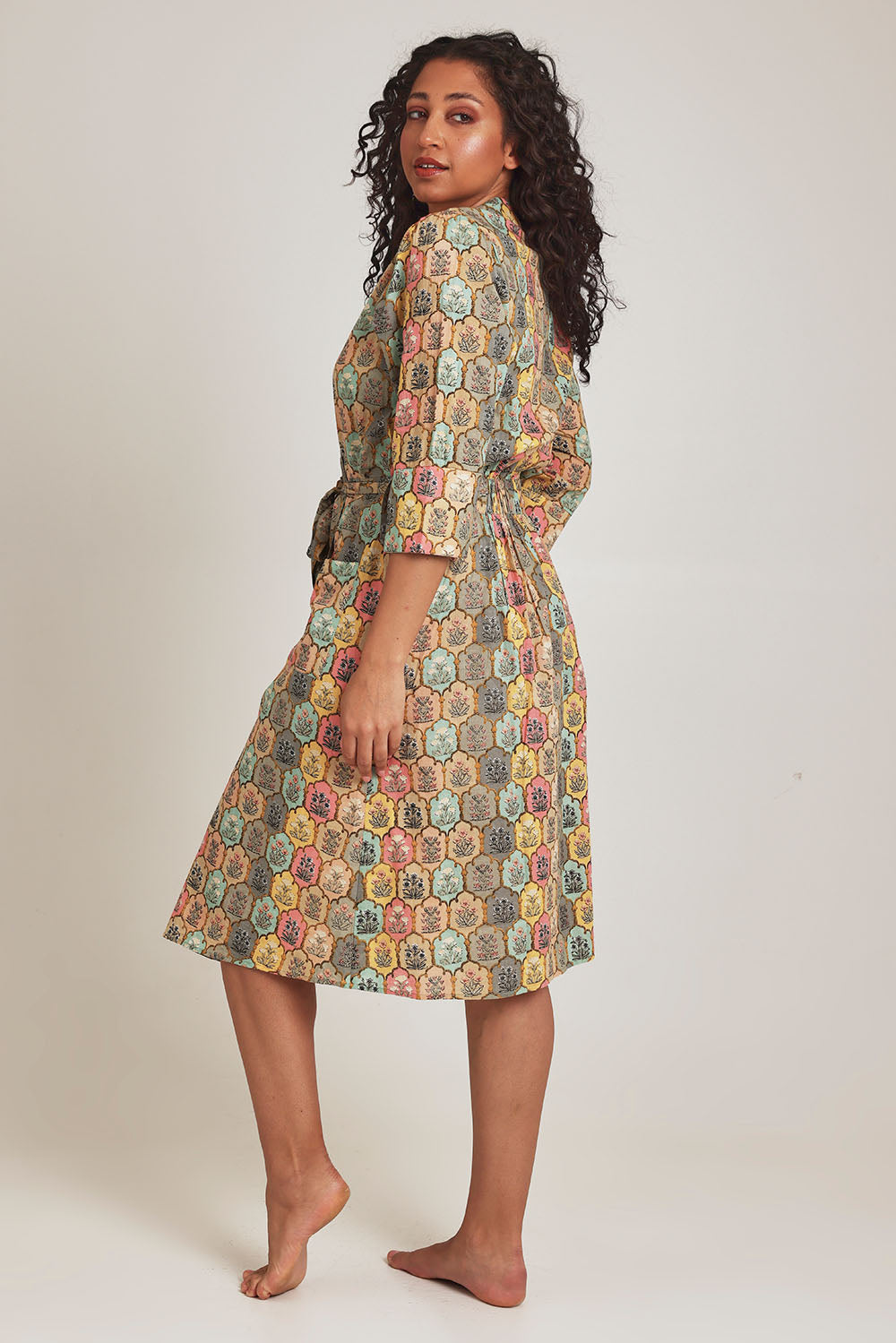 Model Terri-Leigh wearing the Summer Cotton Robe With Tie in colour Cottage (Pink), from the back