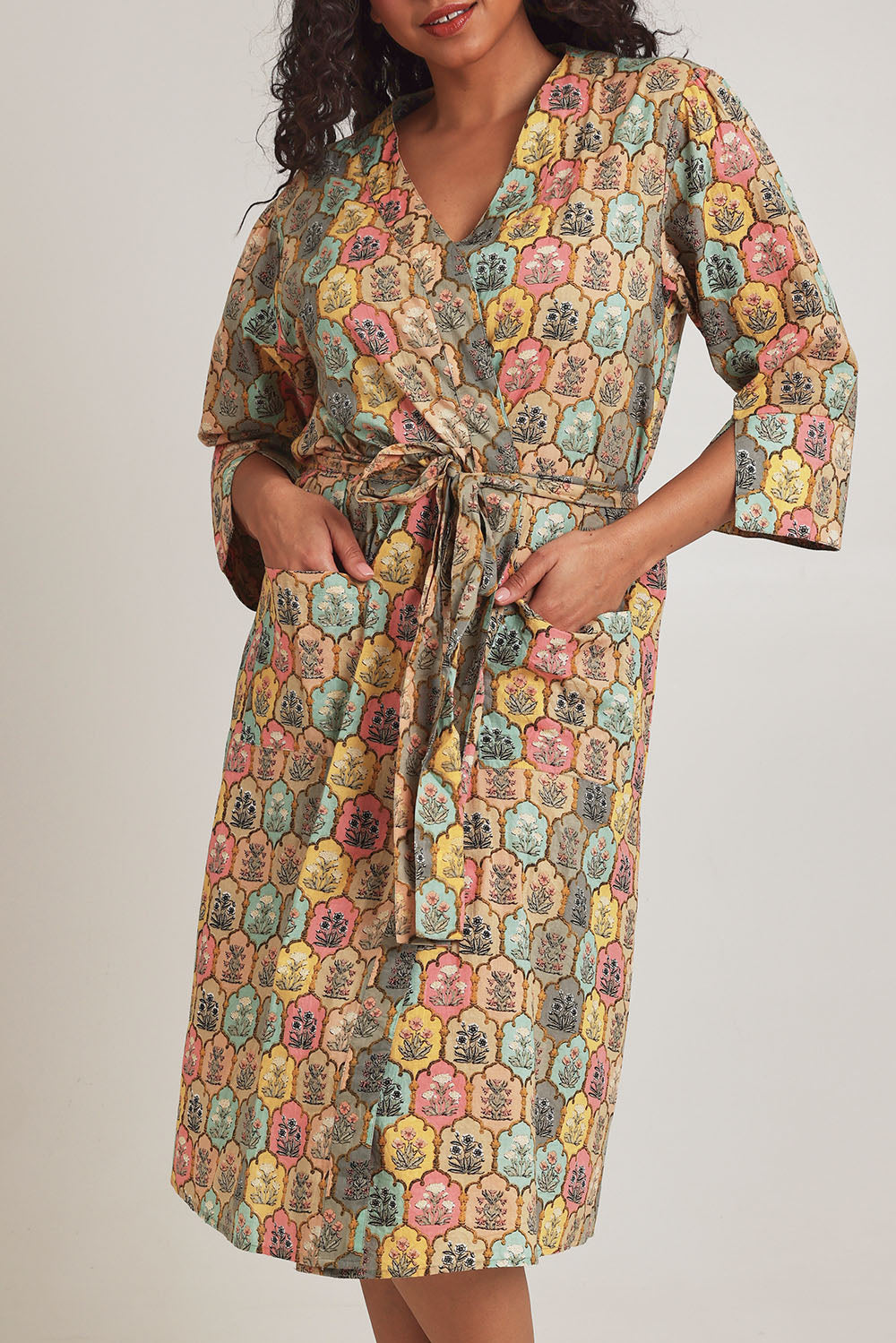 Model Terri-Leigh wearing the Summer Cotton Robe With Tie in colour Cottage (Pink), from the front, cropped image