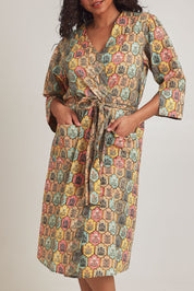 Model Terri-Leigh wearing the Summer Cotton Robe With Tie in colour Cottage (Pink), from the front, cropped image