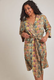 Model Terri-Leigh wearing the Summer Cotton Robe With Tie in colour Cottage (Pink), from the front, cropped image