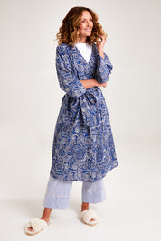 Model Emma wearing the Summer Cotton Robe With Tie in colour Navypais (Blue), from the front, showing the whole outfit