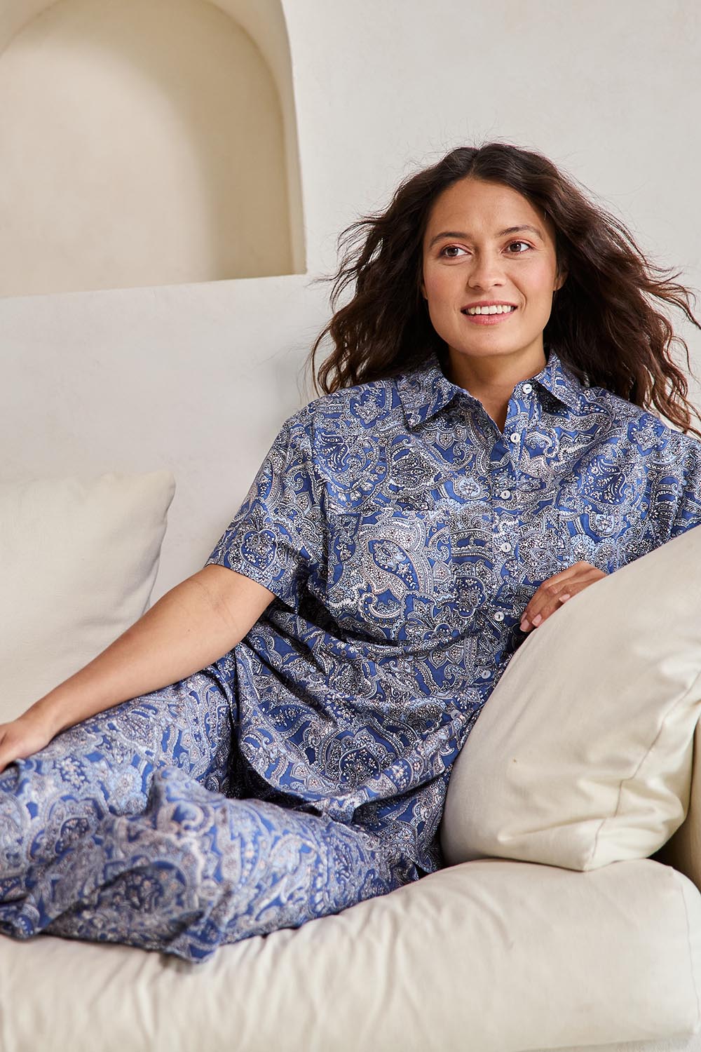 Model Tahneei wearing size 10 of the Cotton Short Sleeve Pyjama Set – Navypais in colour Navypais, in a cropped view