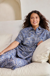 Model Tahneei wearing size 10 of the Cotton Short Sleeve Pyjama Set – Navypais in colour Navypais, in a cropped view