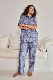Model Tahneei wearing size 10 of the Cotton Short Sleeve Pyjama Set – Navypais in colour Navypais, from the front