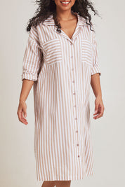 Model Terri-Leigh wearing the Oversized Cotton Sleep Shirt in colour Sandstripe, from the front, cropped image