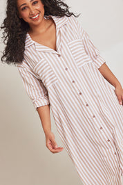 Model Terri-Leigh wearing the Oversized Cotton Sleep Shirt in colour Sandstripe, from the front, cropped image