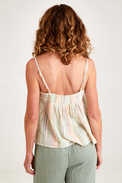 Model Emma wearing the Cotton Stripe Cami in colour Softstripe (Green), from the back