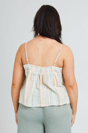 Model Poppy wearing the Cotton Stripe Cami in colour Softstripe (Green), from the back