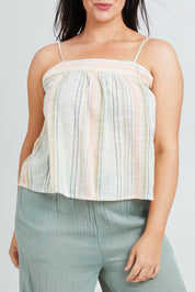 Model Poppy wearing the Cotton Stripe Cami in colour Softstripe (Green), from the front, cropped image