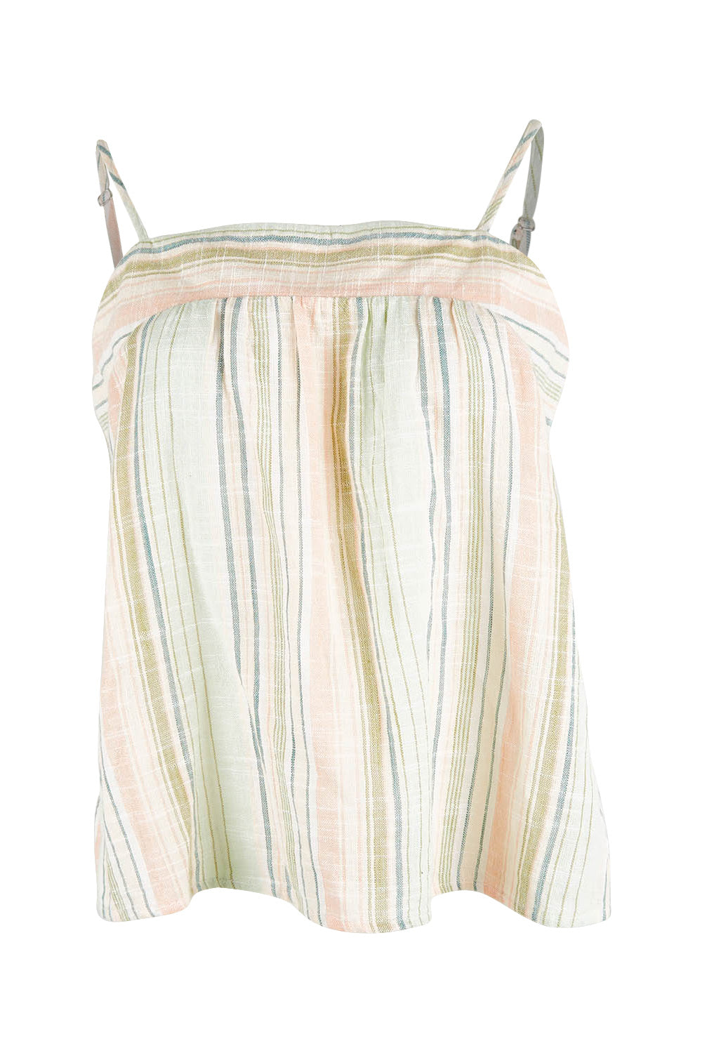 Product shot of the Cotton Stripe Cami in colour Softstripe (Green), from the front