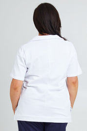 Model Poppy wearing the Cotton Terry Collared Tee in colour White (White), from the back