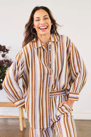Model Amanda wearing the Striped Cotton Lounge Shirt in colour Lilacstrip, from the front, cropped image