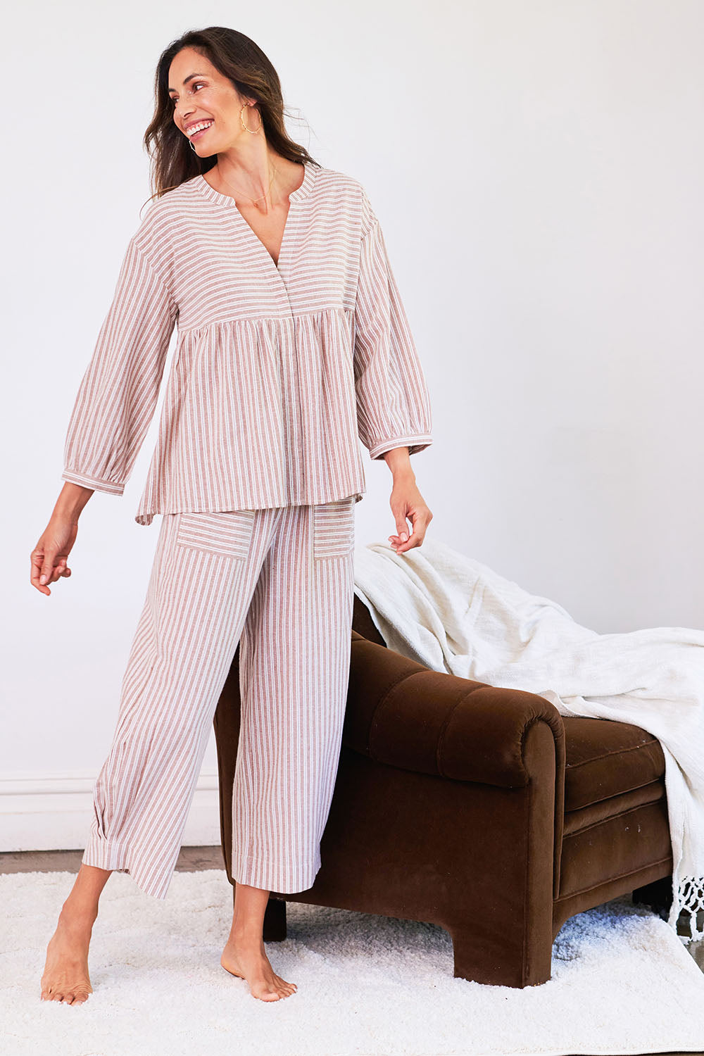 Model Amanda wearing the Cotton Stripe Lounge Top in colour Camel, from the front, showing the whole outfit