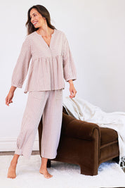 Model Amanda wearing the Cotton Stripe Lounge Top in colour Camel, from the front, showing the whole outfit